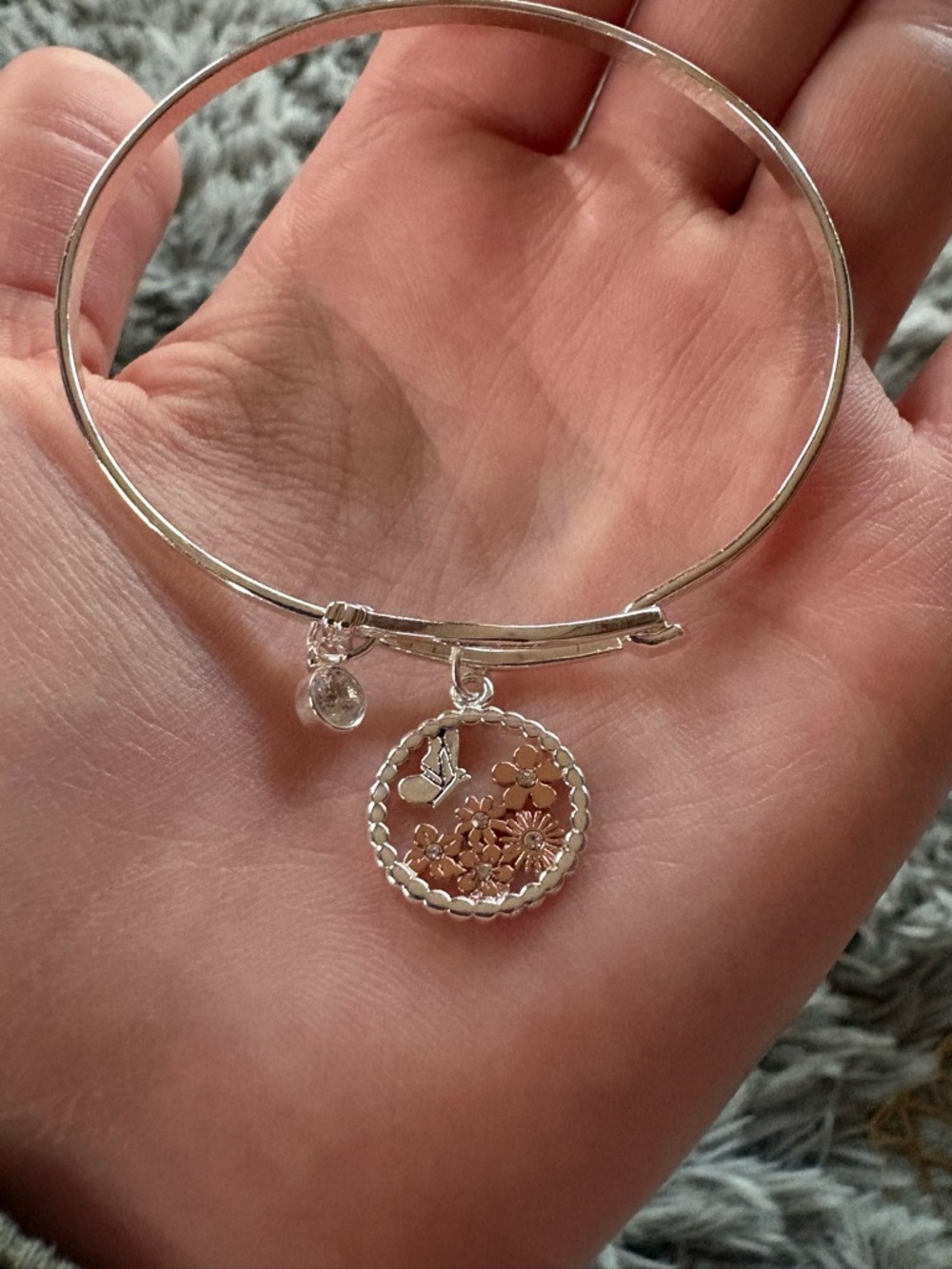 Silver Floral Charm Bangle Bracelet - Women's Jewelry